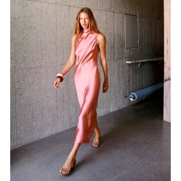 ZARA Women’s Pink Satin Cowl Neck Midi Dress Elegant Bloggers Favorite Size M NW - Picture 1 of 12